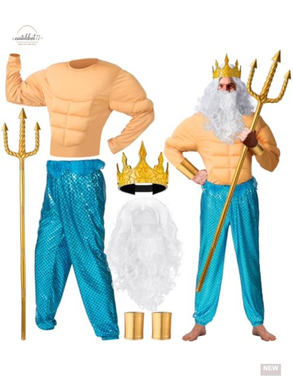7 Pc Poseidon Costume Set Men Mermaid Muscle Shirt Pants Wig Crown Trident